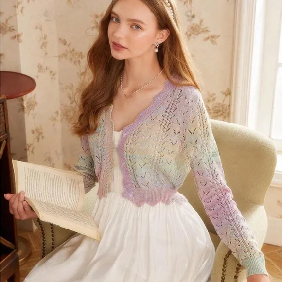 Dainty Multi Cable Knit Tie Dye Ombre Pointelle Cardigan Mult Sizes New - Picture 3 of 6